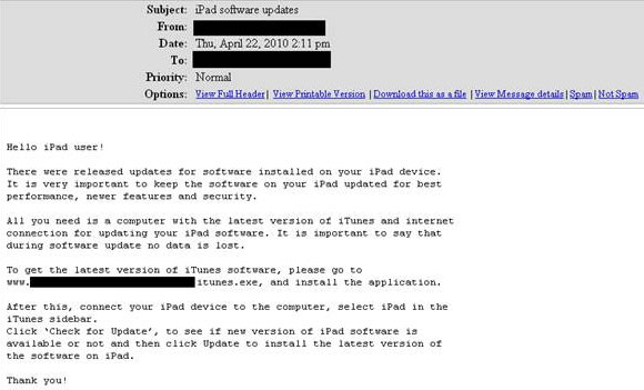 Figure 1. The fake iPad software update announcement